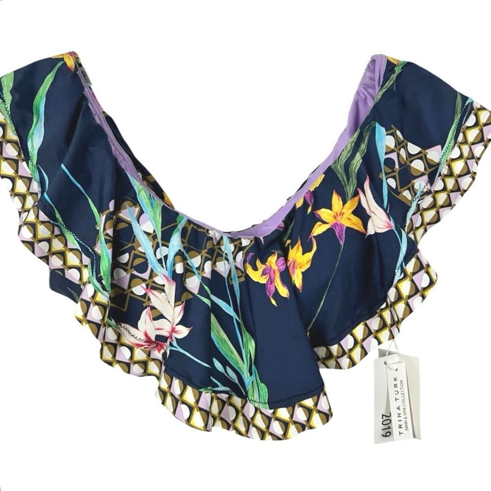 Trina Turk Floral Ruffle Padded Bikini Top Navy Multicolor Size 8 NWT